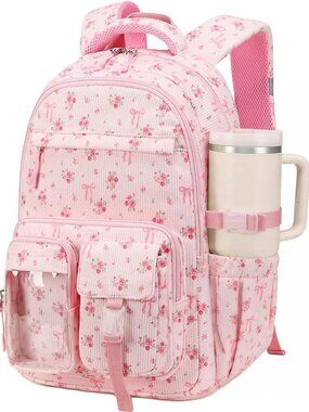 Cute Corduroy Kids Backpack for Girls | Stylish School Bag + 40 oz Tumbler